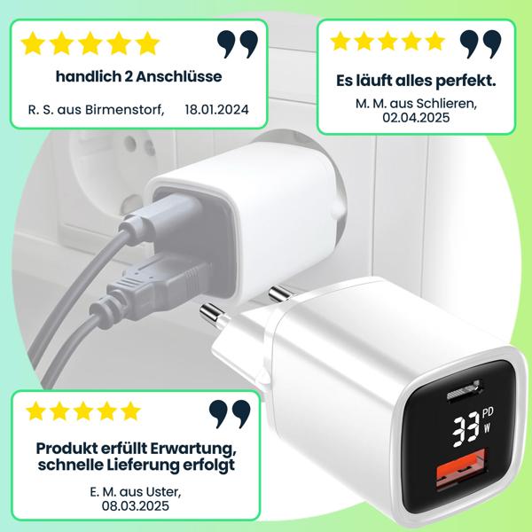 Leistungsstarkes USB Netzteil Dual Port, USB-C und USB-A, 33 Watt Schnellladegerät, weiss - schwarz, Power Delivery und Quick Charge