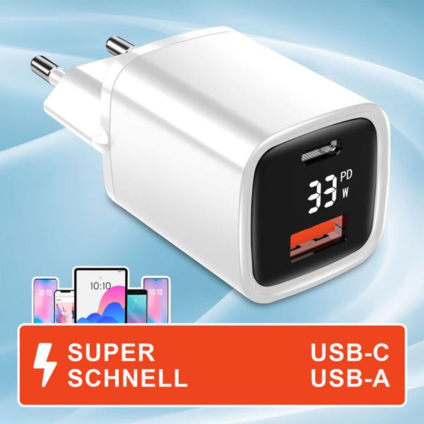 3er-Set Leistungsstarkes USB Netzteil Dual Port, USB-C und USB-A, 33 Watt Schnellladegerät, weiss - schwarz, Power Delivery und Quick Charge