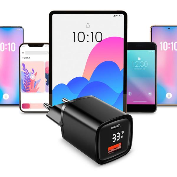 Leistungsstarkes USB Netzteil Dual Port, USB-C und USB-A, 33 Watt Schnellladegerät, schwarz, Power Delivery und Quick Charge