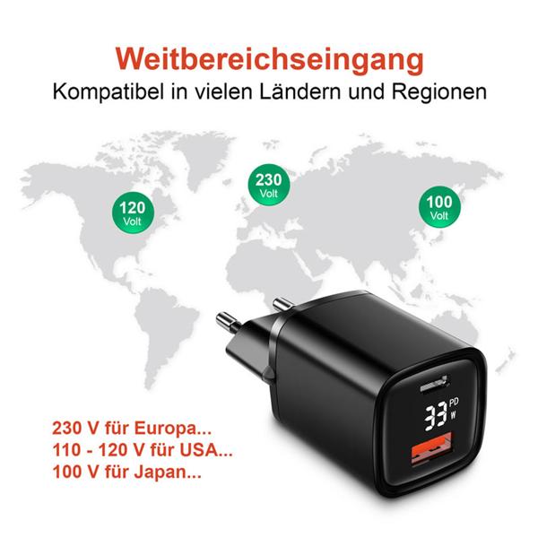 Leistungsstarkes USB Netzteil Dual Port, USB-C und USB-A, 33 Watt Schnellladegerät, schwarz, Power Delivery und Quick Charge