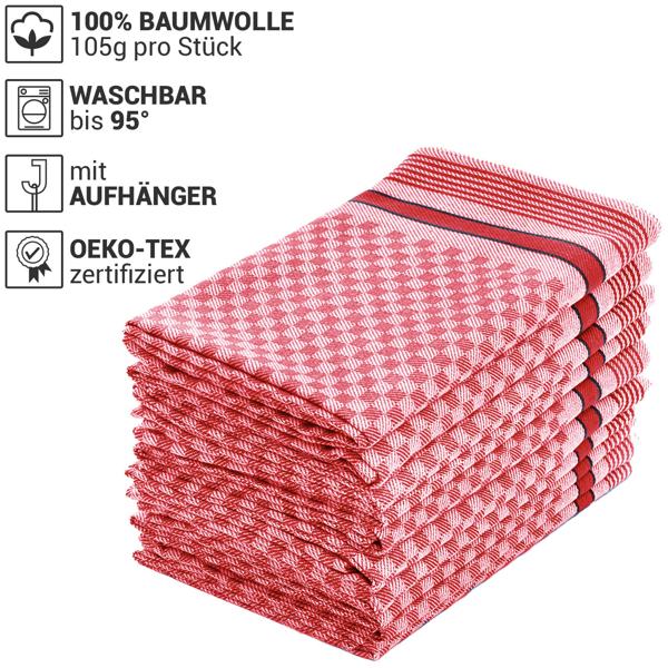 10er-Set Grubentücher - Rot-Grau Kariert - 45x90 cm, 100% Baumwolle Zwirn-Qualität, 105g/Tuch - Waschbar 95°C, Streifenfrei, Robust, OEKO-TEX