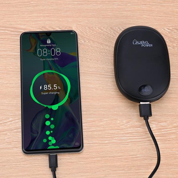 Zuverlässiger 2in1 USB Handwärmer mit Powerbank Funktion, 10.000 mAh, schwarz, warme Hände und gleichzeitig das Smartphone laden