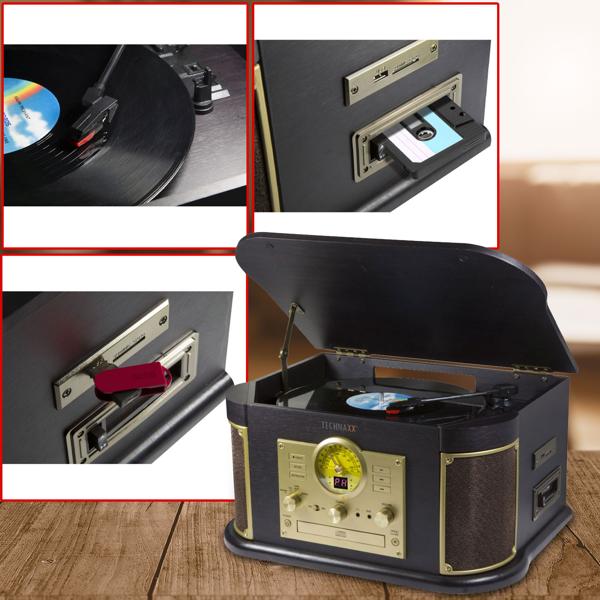 Nostalgie-Plattenspieler mit CD- & Kassettenspieler – Bluetooth 5.0, Digitalisierfunktion, FM-Radio, Saphirnadel & Stereo-Lautsprecher