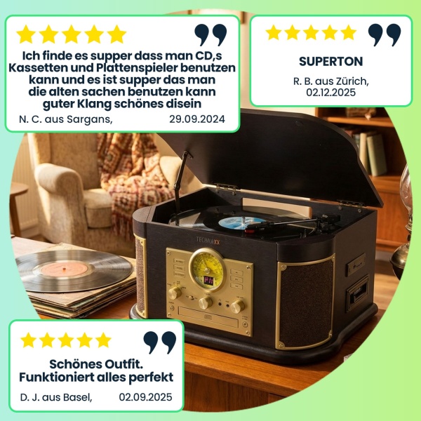 Nostalgie-Plattenspieler mit CD- & Kassettenspieler – Bluetooth 5.0, Digitalisierfunktion, FM-Radio, Saphirnadel & Stereo-Lautsprecher