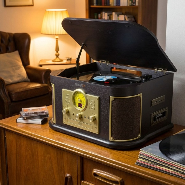 Nostalgie-Plattenspieler mit CD- & Kassettenspieler – Bluetooth 5.0, Digitalisierfunktion, FM-Radio, Saphirnadel & Stereo-Lautsprecher