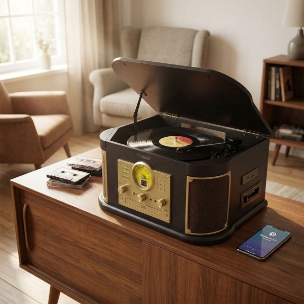 Nostalgie-Plattenspieler mit CD- & Kassettenspieler – Bluetooth 5.0, Digitalisierfunktion, FM-Radio, Saphirnadel & Stereo-Lautsprecher