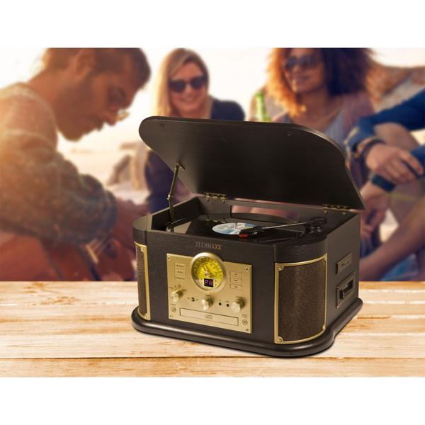 Nostalgie-Plattenspieler mit CD- & Kassettenspieler – Bluetooth 5.0, Digitalisierfunktion, FM-Radio, Saphirnadel & Stereo-Lautsprecher