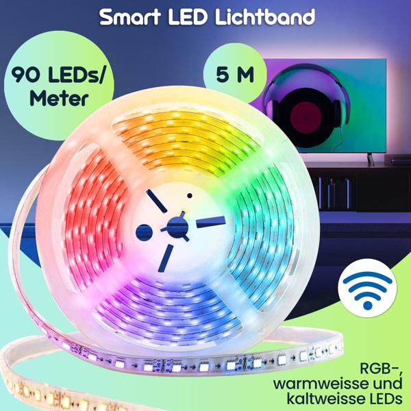 Smart LED Lichtband 5 m mit App-Steuerung, warmweiss/kaltweiss/RGB, dimmbar, flexibles & selbstklebendes Design, ideal für stilvolle Beleuchtung