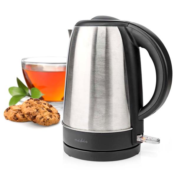 Edelstahl-Wasserkocher - 1,7 Liter Volumen, 2200W Leistung - 360° Drehsockel - Automatische Abschaltung, verdecktes Heizelement, Schwarz/Metall