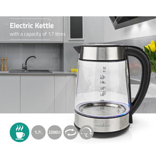 Hochwertiger Glas-Wasserkocher, 360°-Drehsockel, 1,7 Liter, 2200 Watt, Digitale Temperaturanzeige, 5 Temperaturbereiche: 50, 70, 80, 90, 100 °C
