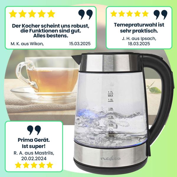 Hochwertiger Glas-Wasserkocher, 360°-Drehsockel, 1,7 Liter, 2200 Watt, Digitale Temperaturanzeige, 5 Temperaturbereiche: 50, 70, 80, 90, 100 °C