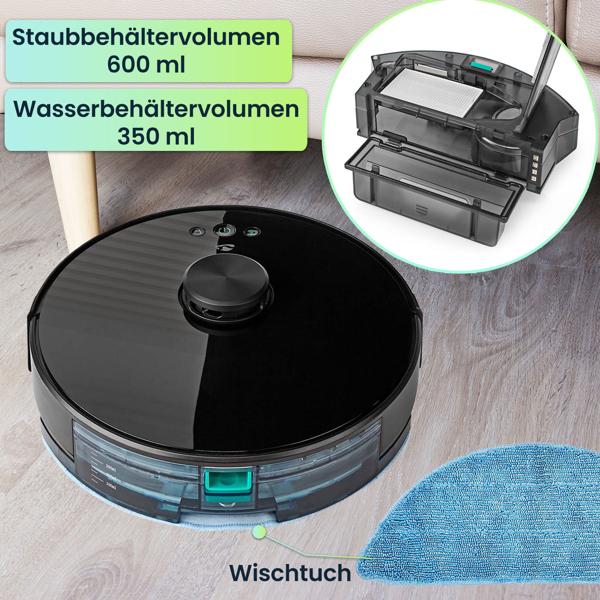 SmartLife Saugroboter mit Wischfunktion, schwarz, präzise Lasernavigation, App-Steuerung, leistungsstark, leise, ideal für Hartböden & Teppiche