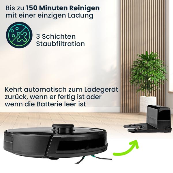 SmartLife Saugroboter mit Wischfunktion, schwarz, präzise Lasernavigation, App-Steuerung, leistungsstark, leise, ideal für Hartböden & Teppiche