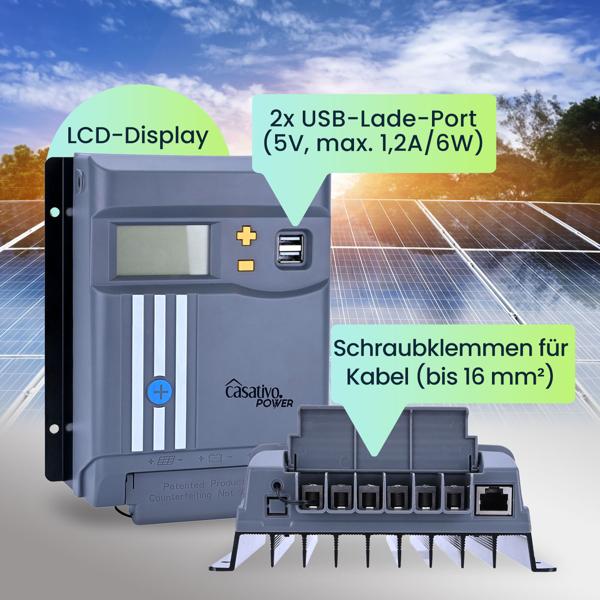 MPPT Solar-Laderegler 30A für 12V & 24V Batterien – Solarladegerät mit LCD-Display, 2 USB-Ports & umfassendem Überspannungsschutz