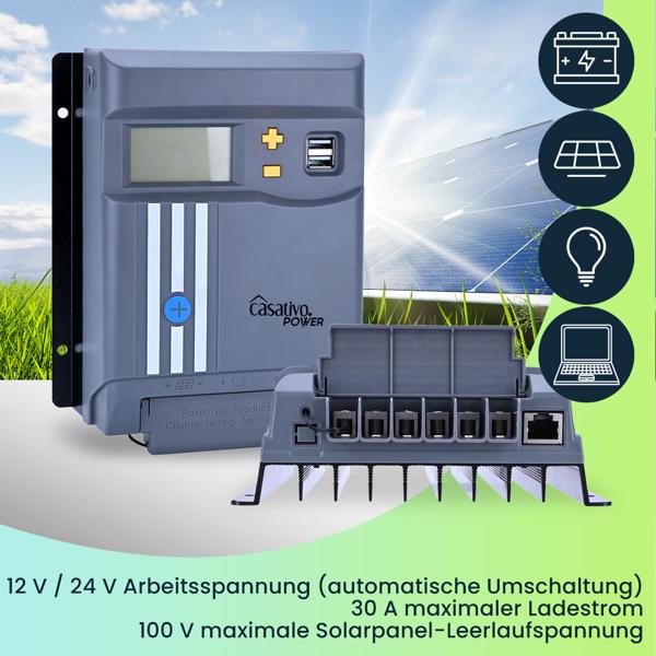 MPPT Solar-Laderegler 30A für 12V & 24V Batterien – Solarladegerät mit LCD-Display, 2 USB-Ports & umfassendem Überspannungsschutz