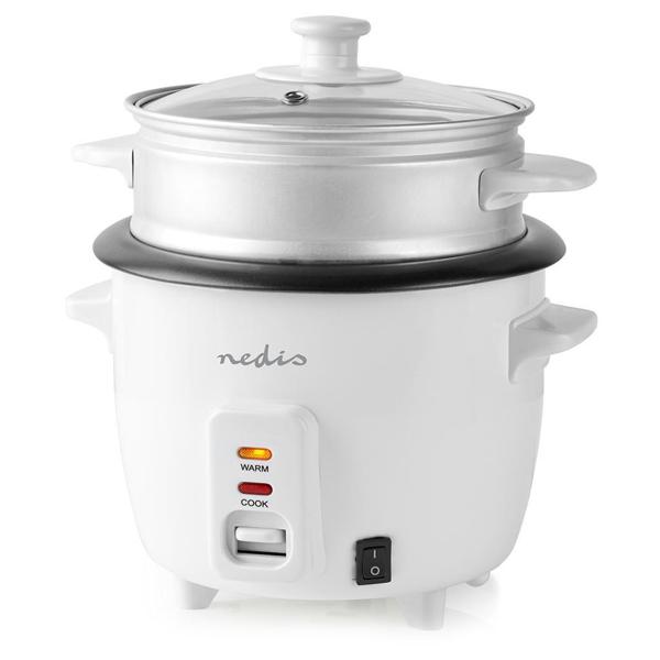 Automatischer Reiskocher 0,6 l mit Dampfgarer-Einsatz, 300 W, antihaftbeschichtet, gleichmässige Hitzeverteilung, hochwertiges Metallgehäuse, weiss