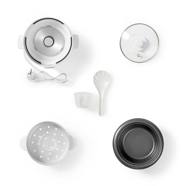 Automatischer Reiskocher 0,6 l mit Dampfgarer-Einsatz, 300 W, antihaftbeschichtet, gleichmässige Hitzeverteilung, hochwertiges Metallgehäuse, weiss