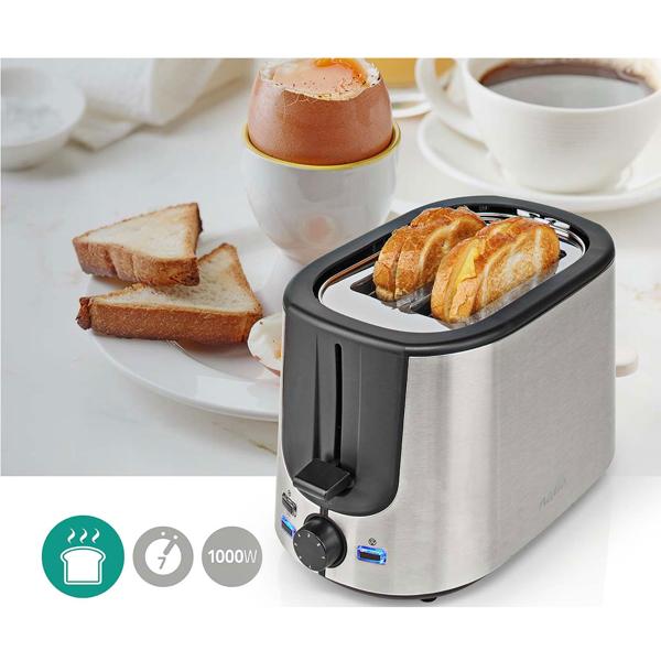 Moderner Edelstahl-Toaster für 2 Scheiben, 7 Röststufen, Brötchenaufsatz & Defroster, 1000W – Vielseitiger Toaster für köstlichen Toast und Gebäck