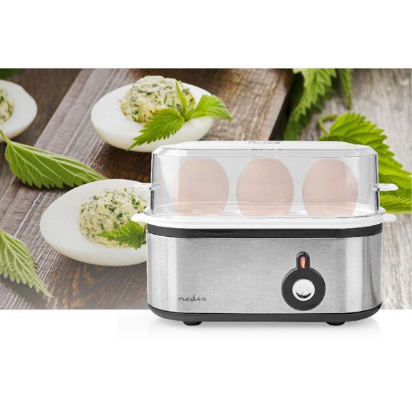 Präziser Edelstahl Eierkocher für 3 Eier (210W, silber) – Härtegrad-Einstellung, Messbecher – Perfekte Eier (weich, mittel, hart) auf Knopfdruck