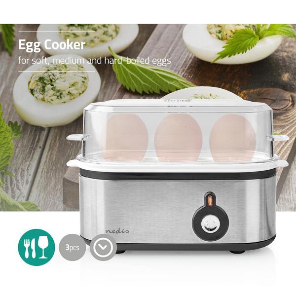 Präziser Edelstahl Eierkocher für 3 Eier (210W, silber) – Härtegrad-Einstellung, Messbecher – Perfekte Eier (weich, mittel, hart) auf Knopfdruck