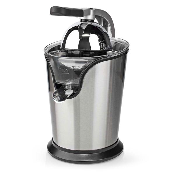 Effiziente elektrische Edelstahl-Zitruspresse, 100W – Automatik, Alu-Guss-Griff, leichte Reinigung, silber-schwarz