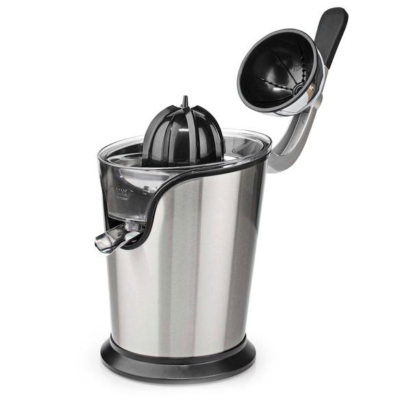 Effiziente elektrische Edelstahl-Zitruspresse, 100W – Automatik, Alu-Guss-Griff, leichte Reinigung, silber-schwarz