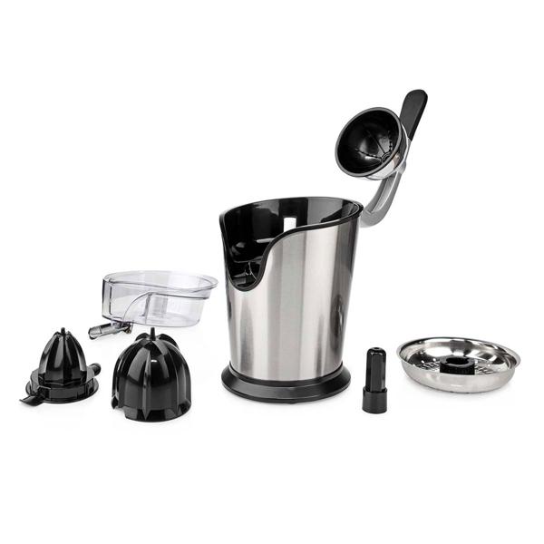 Effiziente elektrische Edelstahl-Zitruspresse, 100W – Automatik, Alu-Guss-Griff, leichte Reinigung, silber-schwarz