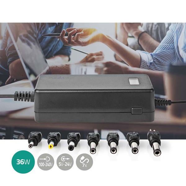 Praktischer Universal-Netzteiladapter mit 7 DC Wechselsteckern, 5 - 24 V, 100 - 240 V AC, 36 W, ideal für Haushaltselektronik