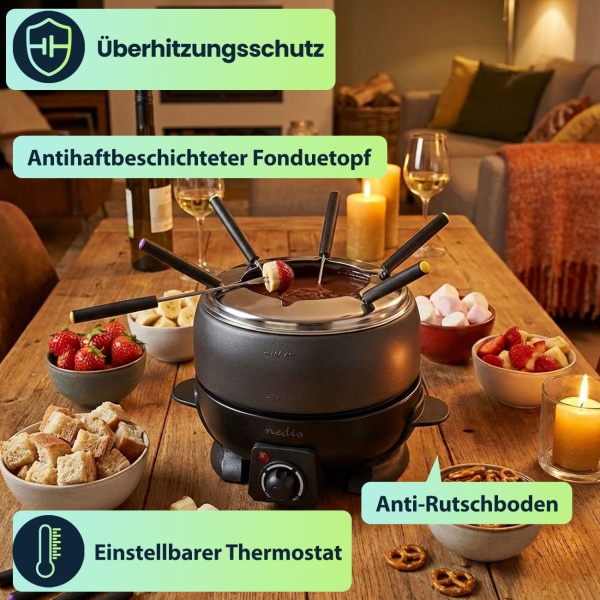 Fondue-Set für 6 Personen – Elektrisch, 2,3 l, 800W, perfekt für Käse-, Fleisch- & Schokofondue, inkl. Fondue-Gabeln, Antihaft, stilvolles Design