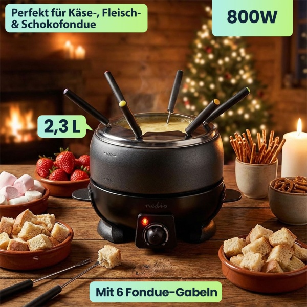 Fondue-Set für 6 Personen – Elektrisch, 2,3 l, 800W, perfekt für Käse-, Fleisch- & Schokofondue, inkl. Fondue-Gabeln, Antihaft, stilvolles Design