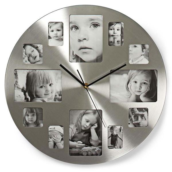 Runde Foto Wanduhr Silber - Personalisierbar mit 12 Bildern & Quarzuhrwerk - 40 cm Durchmesser - Metall Gebürstet - Batteriebetrieben