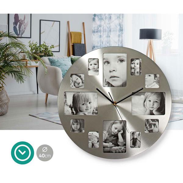 Runde Foto Wanduhr Silber - Personalisierbar mit 12 Bildern & Quarzuhrwerk - 40 cm Durchmesser - Metall Gebürstet - Batteriebetrieben
