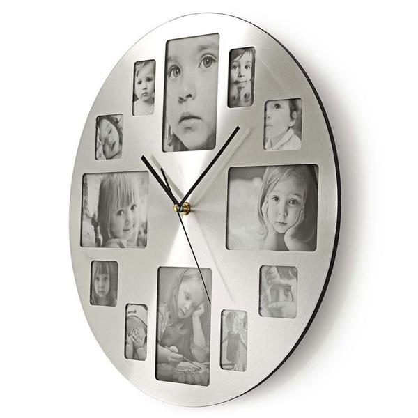 Runde Foto Wanduhr Silber - Personalisierbar mit 12 Bildern & Quarzuhrwerk - 40 cm Durchmesser - Metall Gebürstet - Batteriebetrieben