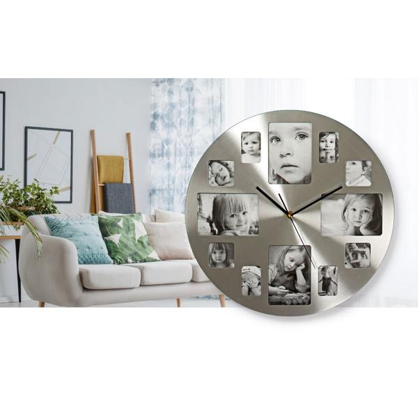 Runde Foto Wanduhr Silber - Personalisierbar mit 12 Bildern & Quarzuhrwerk - 40 cm Durchmesser - Metall Gebürstet - Batteriebetrieben