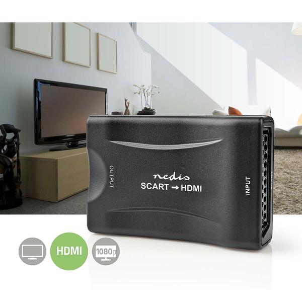 SCART auf HDMI Konverter - Verbindet alte Konsolen/Videorekorder an neue TVs - 720p/1080p Auflösung wählbar - USB Betrieb - Plug & Play - Schwarz