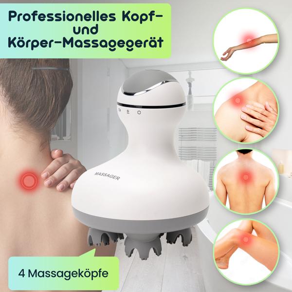 Professionelles Kopf- und Körper-Massagegerät, 4 Massageköpfe, mobil mit Akkubetrieb, abwaschbar, auch mit Massageöl verwendbar