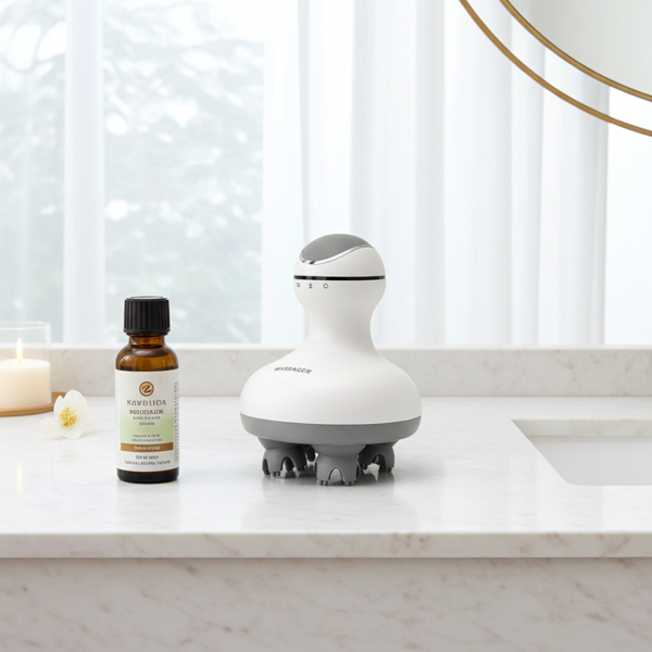 Professionelles Kopf- und Körper-Massagegerät, 4 Massageköpfe, mobil mit Akkubetrieb, abwaschbar, auch mit Massageöl verwendbar