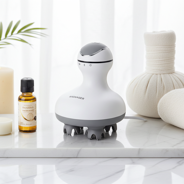 Professionelles Kopf- und Körper-Massagegerät, 4 Massageköpfe, mobil mit Akkubetrieb, abwaschbar, auch mit Massageöl verwendbar