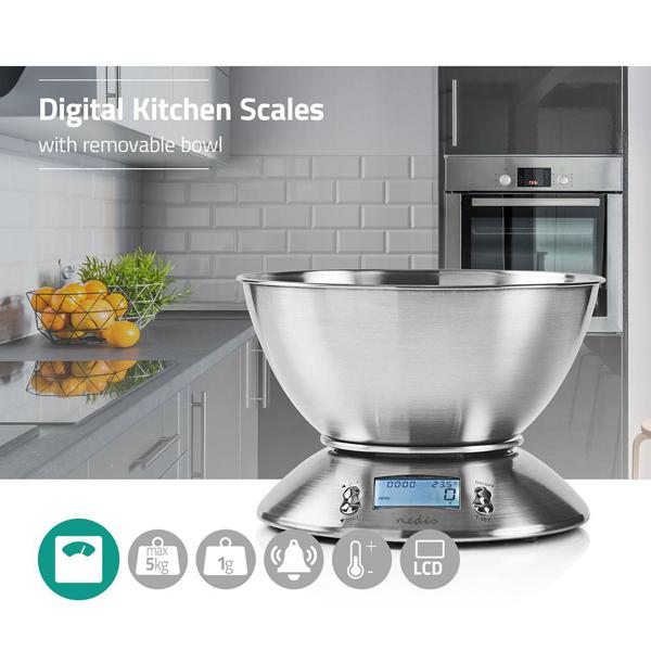 Digitale Küchenwaage mit Rührschüssel - bis 5kg präzise abwiegen - Edelstahl-Oberfläche, Tara-Funktion, Timer & Thermometer - für Kochen & Backen