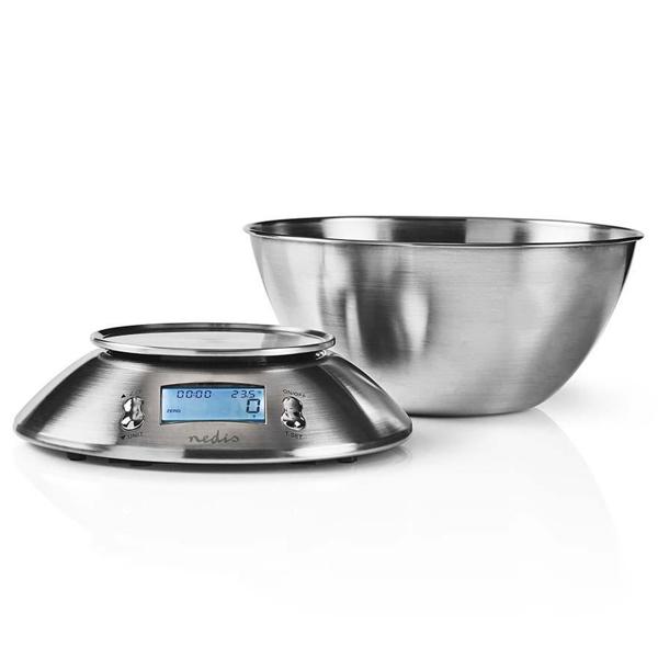 Digitale Küchenwaage mit Rührschüssel - bis 5kg präzise abwiegen - Edelstahl-Oberfläche, Tara-Funktion, Timer & Thermometer - für Kochen & Backen