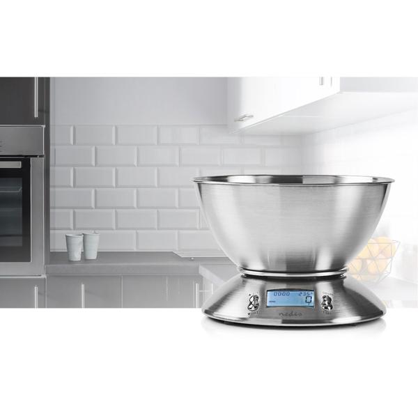 Digitale Küchenwaage mit Rührschüssel - bis 5kg präzise abwiegen - Edelstahl-Oberfläche, Tara-Funktion, Timer & Thermometer - für Kochen & Backen