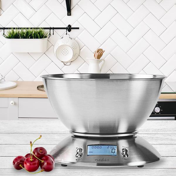 Digitale Küchenwaage mit Rührschüssel - bis 5kg präzise abwiegen - Edelstahl-Oberfläche, Tara-Funktion, Timer & Thermometer - für Kochen & Backen