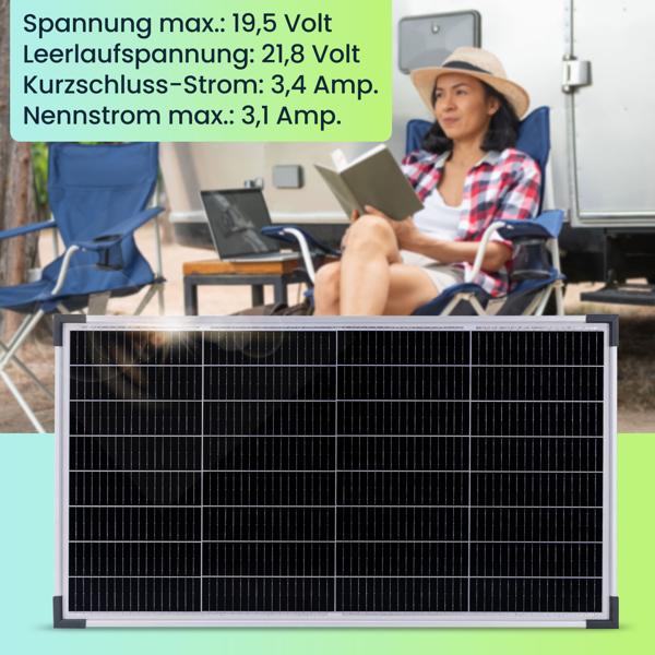 Effizientes 60W Solarpanel: Monokristalline Zellen, IP65, Metallrahmen – Robust & mobil für maximale Solarenergie