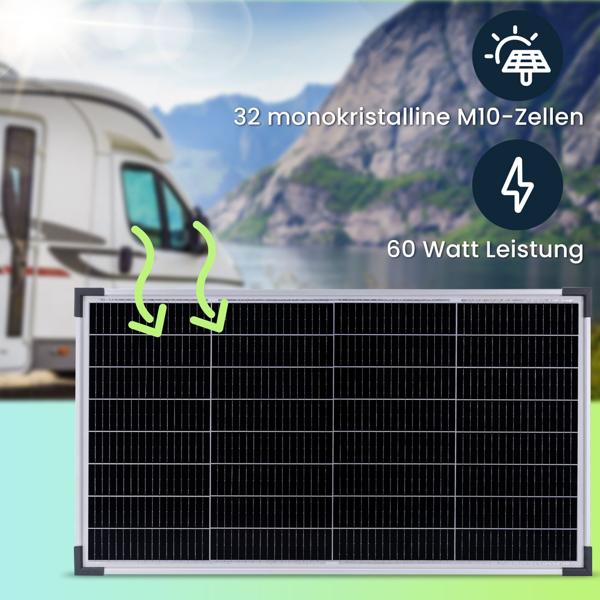 Effizientes 60W Solarpanel: Monokristalline Zellen, IP65, Metallrahmen – Robust & mobil für maximale Solarenergie
