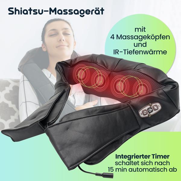 Shiatsu-Massagerät mit IR-Tiefenwärme – 4 Massageköpfe für Nacken, Rücken & Füsse – Vielseitig einsetzbares Massagegerät mit Timer