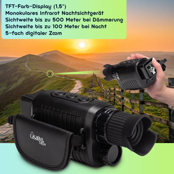 Professionelles Monokulares Infrarot Nachtsichtgerät, Foto und Video, Sicht bis 500m , 2k Videoaufnahmen, 5-fach Zoom, TFT Farbdisplay