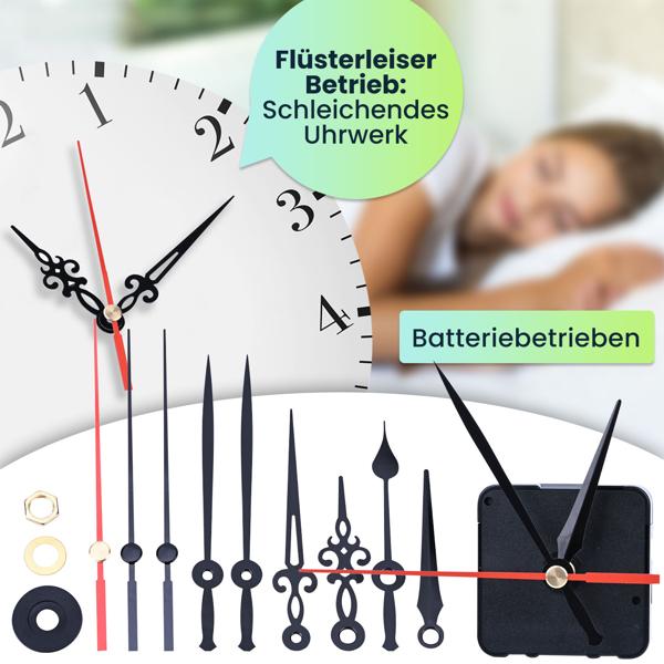 4er Set Geräuschloses Uhrwerk Komplettset mit 3 verschiedenen Zeigersätzen, leise schleichende Zeiger ohne Ticken, stabiles Gehäuse, Batteriebetrieb