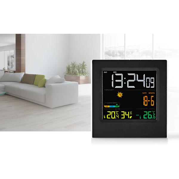 Farbdisplay Funk-Wetterstation - Innen-/Aussentemperatur & Luftfeuchtigkeit überwachen - Wettervorhersage, Wecker, Schlummerfunktion