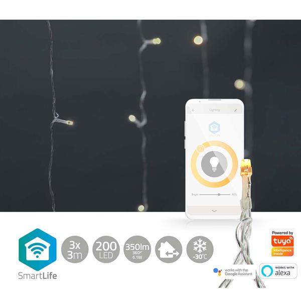 WLAN-Smart-Vorhang-Lichterkette - 200 dimmbare LEDs, 7 Lichtmuster, App/Sprachsteuerung - IP65 Aussen/Innen, 3m - Warmweiss, Nedis® SmartLife