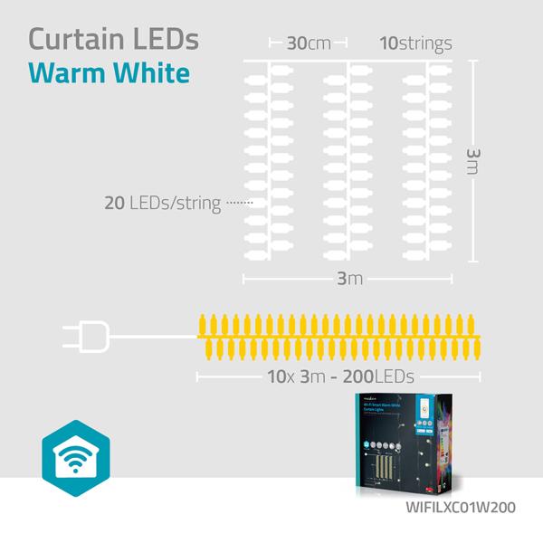 WLAN-Smart-Vorhang-Lichterkette - 200 dimmbare LEDs, 7 Lichtmuster, App/Sprachsteuerung - IP65 Aussen/Innen, 3m - Warmweiss, Nedis® SmartLife